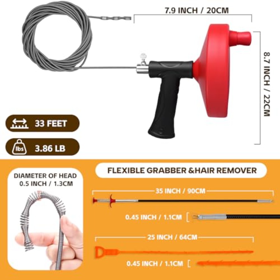 【Spot goods】Drain Auger 33 ft  - مراجعة Drain Snake Flexible وسعره
